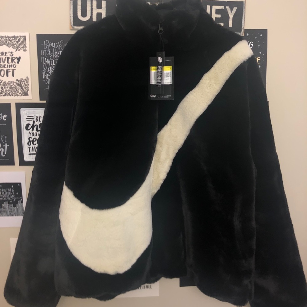 NIKE FAUX FUR SWOOSH JACKET IN BLACK